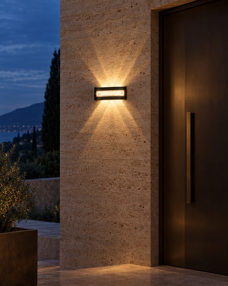 Sella slim black up and down wall light on a covered walkway wall, throwing a narrow beam up and down the plaster
