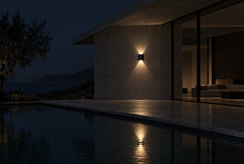Piana Outdoor Wall Light — Black — at night