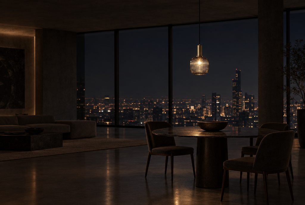 Velo Glass Pendant — Smoke — at night