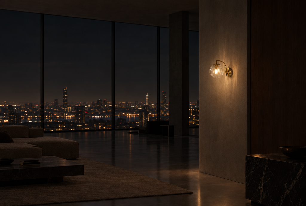 Riva Glass Wall Light — at night
