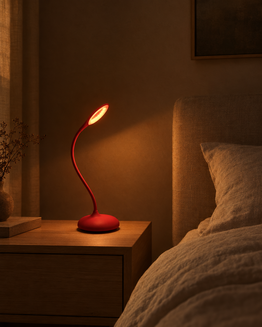 Alba cordless bedside lamp glowing deep red at 620nm on a dark nightstand beside a book