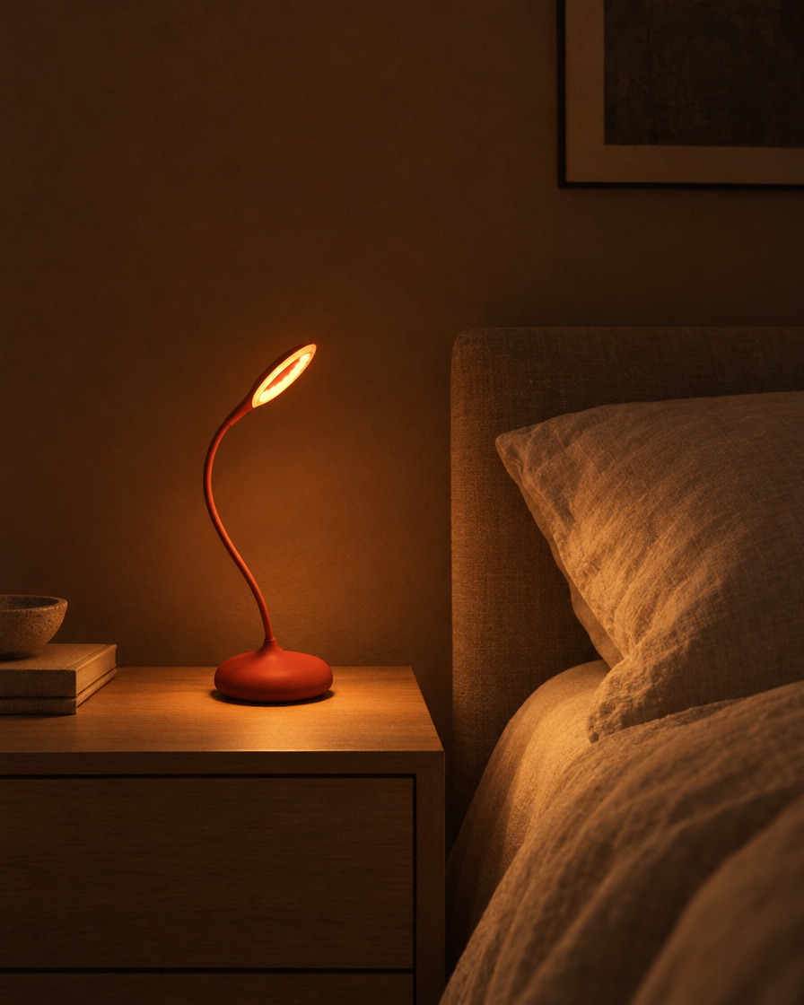 Alba cordless sleep lamp glowing candle-warm amber at 1600K on a bedside table in a dark bedroom