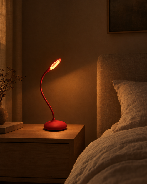 Alba cordless sleep lamp glowing deep red at 620nm on a dark nightstand beside a book