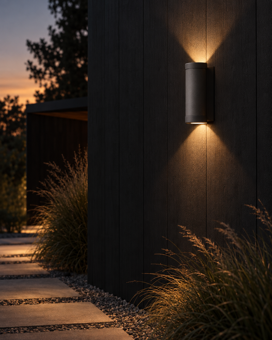 Tondo Square cube up and down wall light on a board-marked concrete façade, casting crisp trapezoids of light
