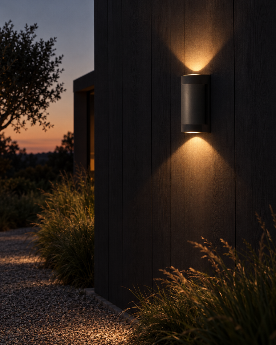 Tondo Round cylindrical black up and down wall light on a garden wall at dusk, soft-edged beams above and below