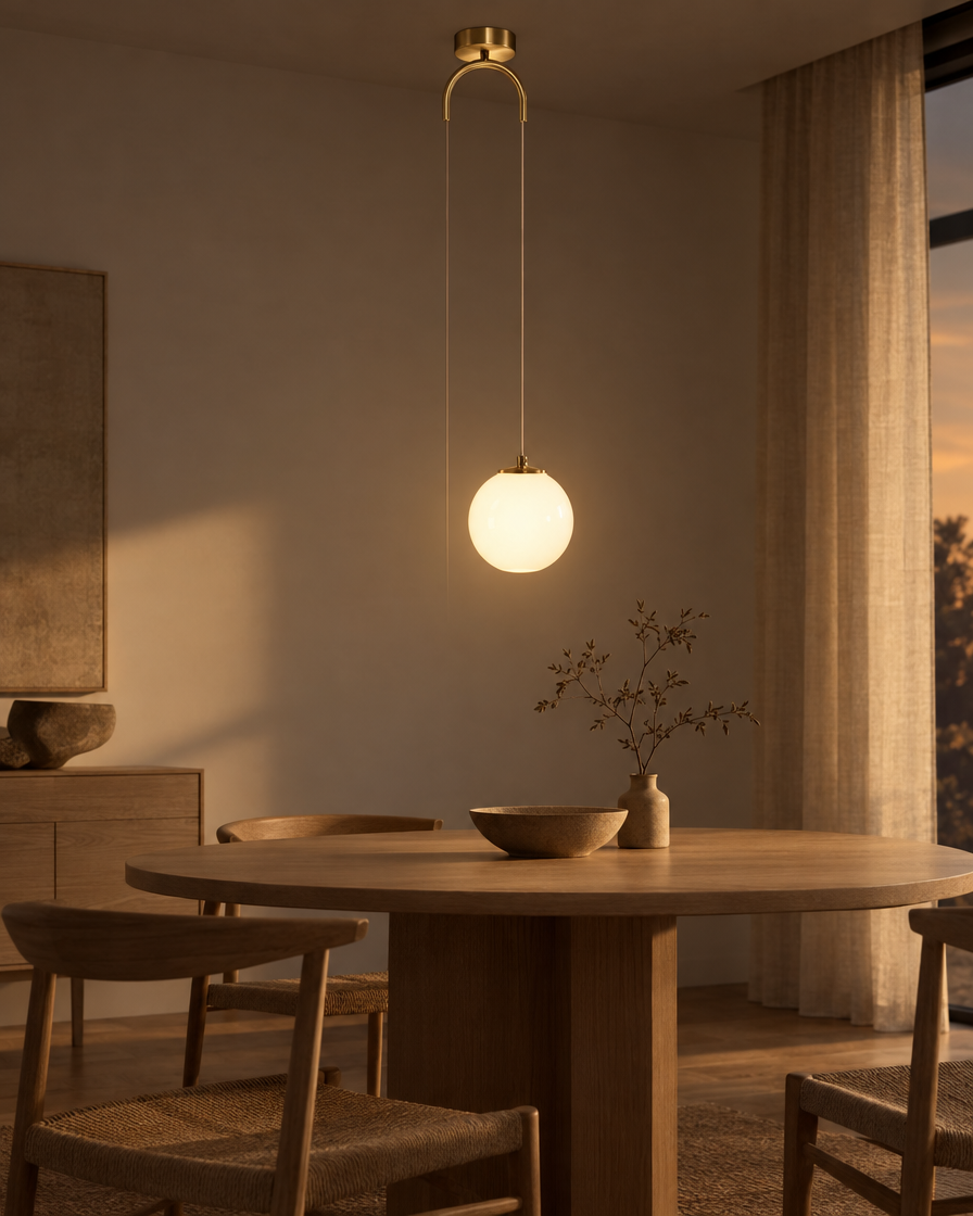Orbe glass globe pendant on a slender brushed brass stem hanging beside a bed in a plastered bedroom