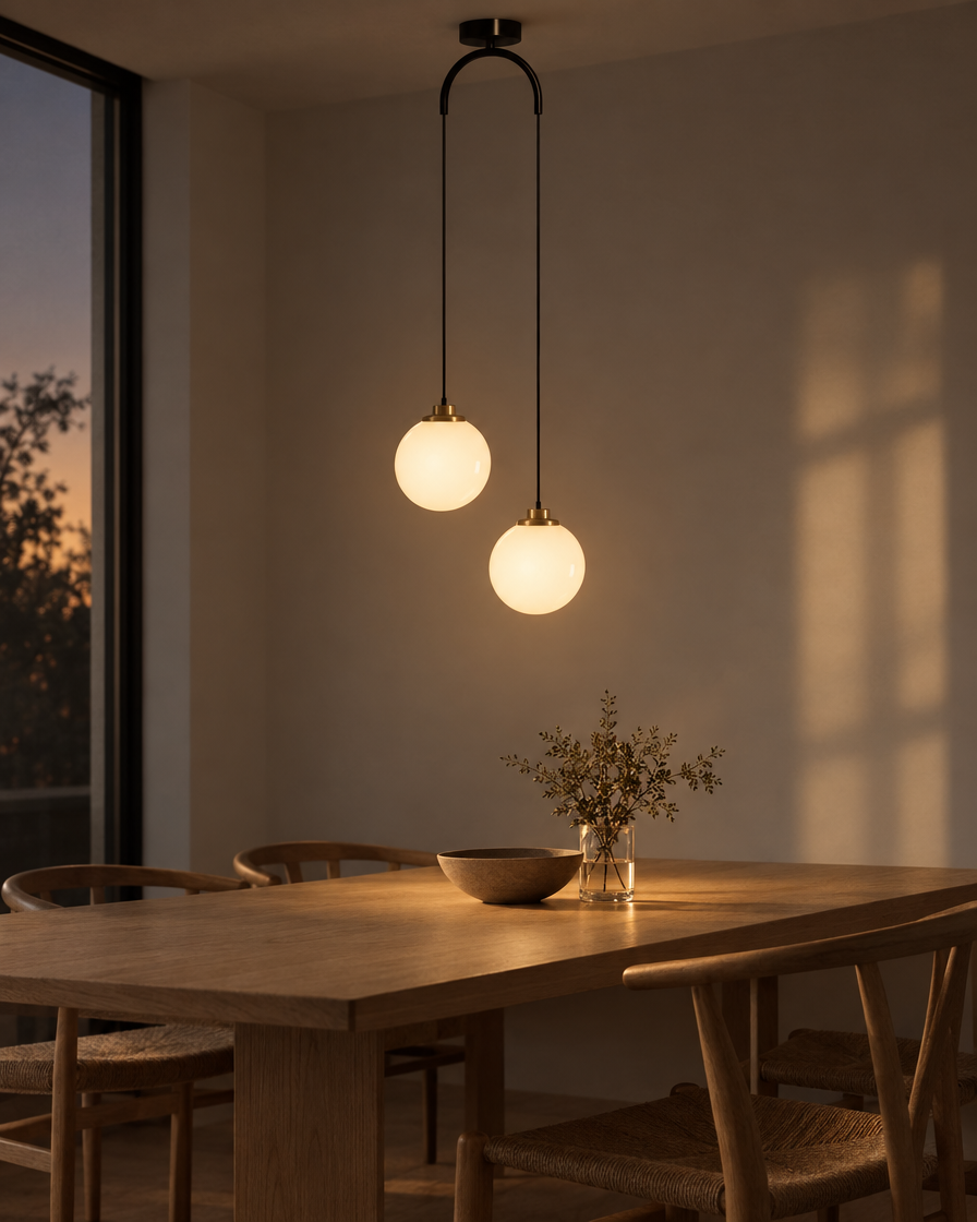 Orbe twin glass globe pendant in matte black over a dark kitchen island with black tapware