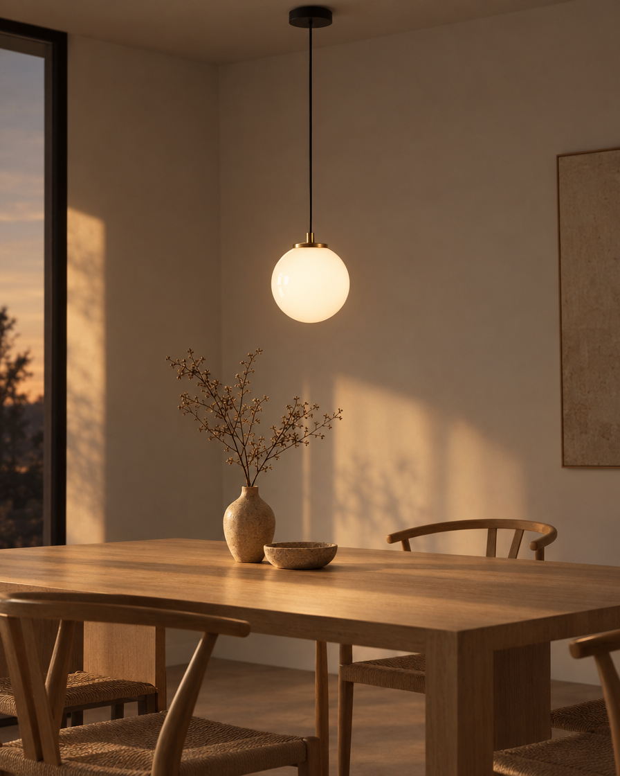 Orbe glass globe pendant on a matte black stem against a white ceiling, the globe appearing to float