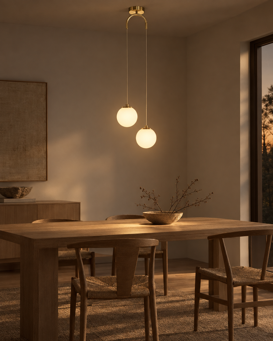 Orbe twin glass globe pendant in brass, two staggered globes lighting a kitchen island at dusk