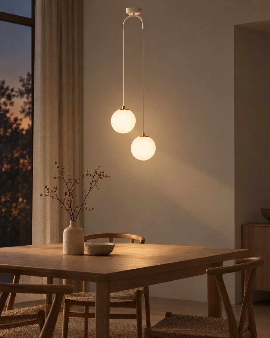 Orbe twin glass globe pendant in white above a pale dining table, hardware blending into the ceiling