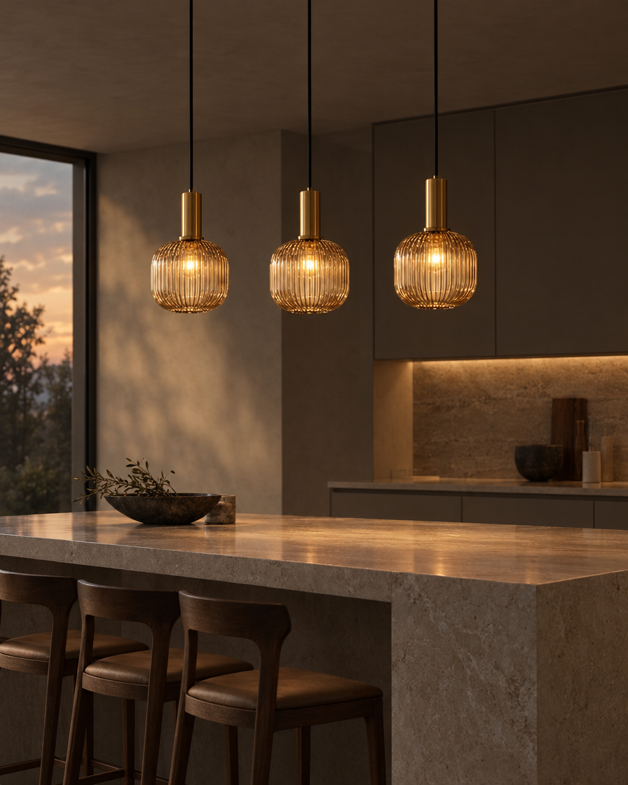 Velo hand-blown amber glass pendant hanging low over a walnut dining table, warm pool of light below
