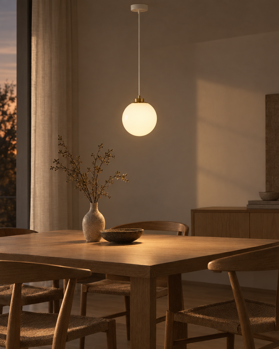 Orbe glass globe pendant with a white stem disappearing into a pale plastered ceiling