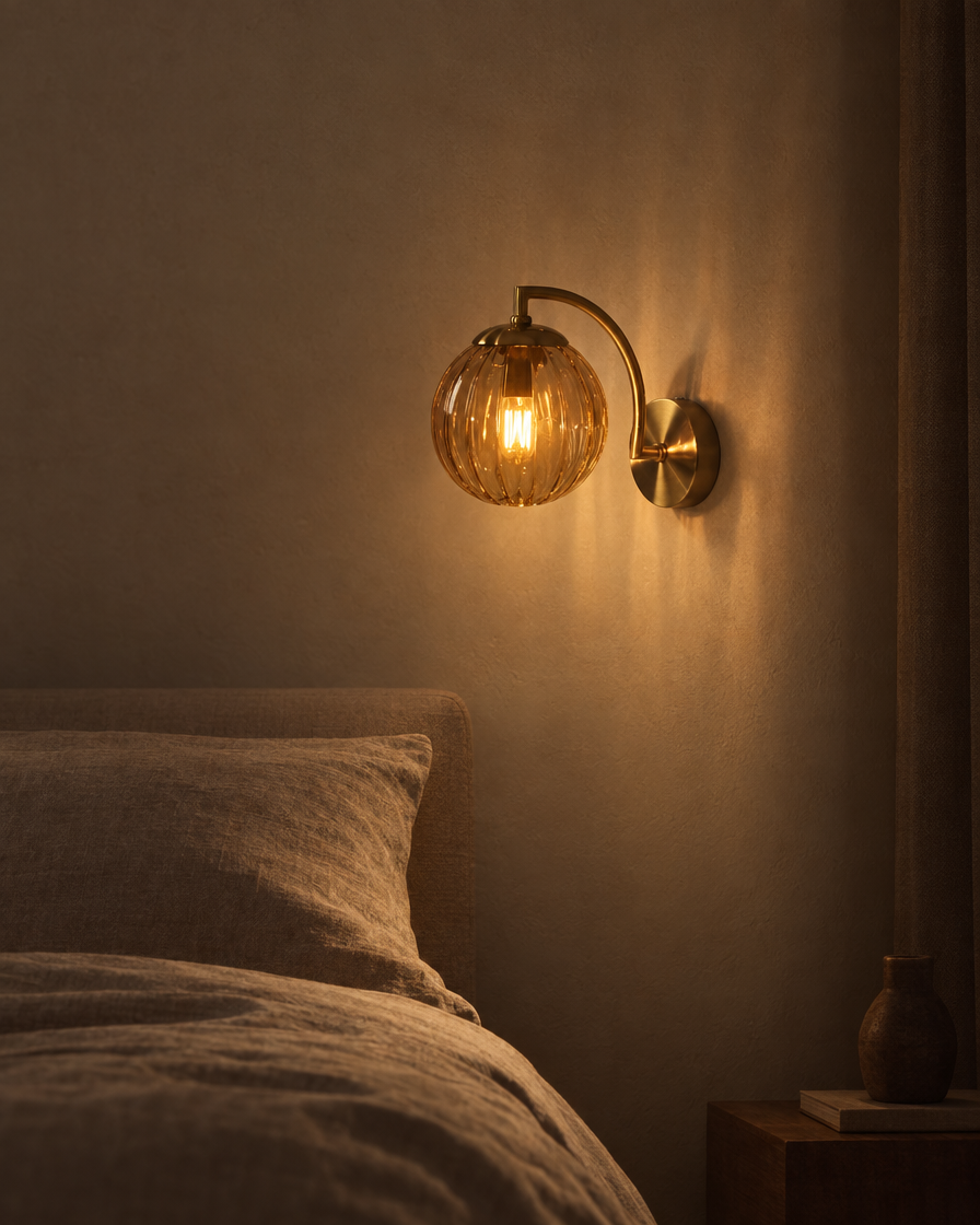 Riva amber blown-glass wall sconce on a matte black arm beside a bed, glowing without glare