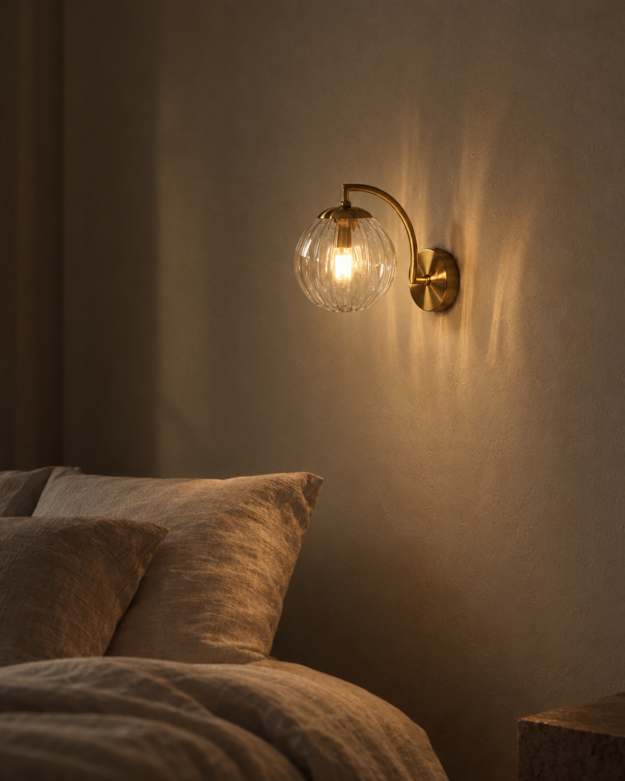 Riva clear blown-glass wall sconce on a black arm against a plastered wall beside a mirror