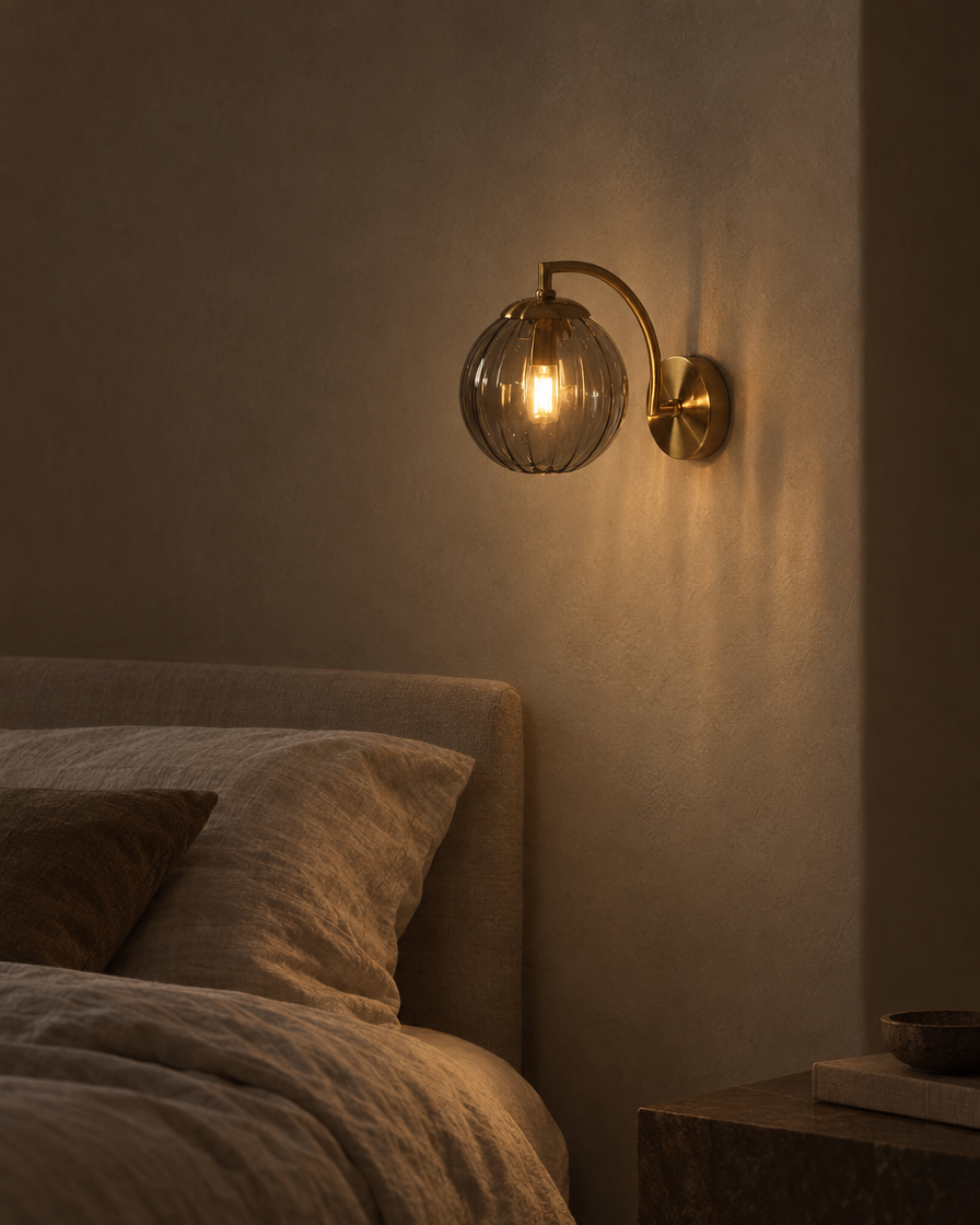 Riva smoke grey glass wall sconce in a dark hallway, the shade lit and the bulb hidden