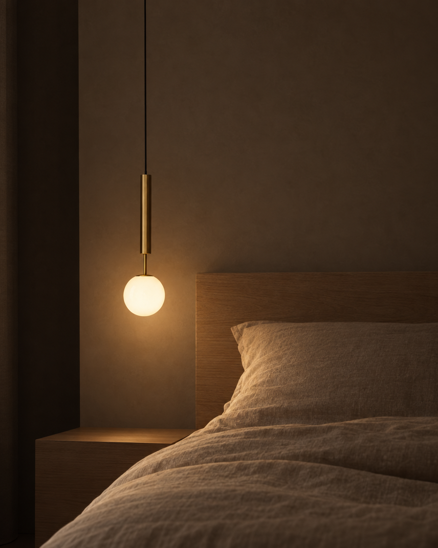 Lira brass bedside pendant on a long drop hanging beside a bed at nightstand height