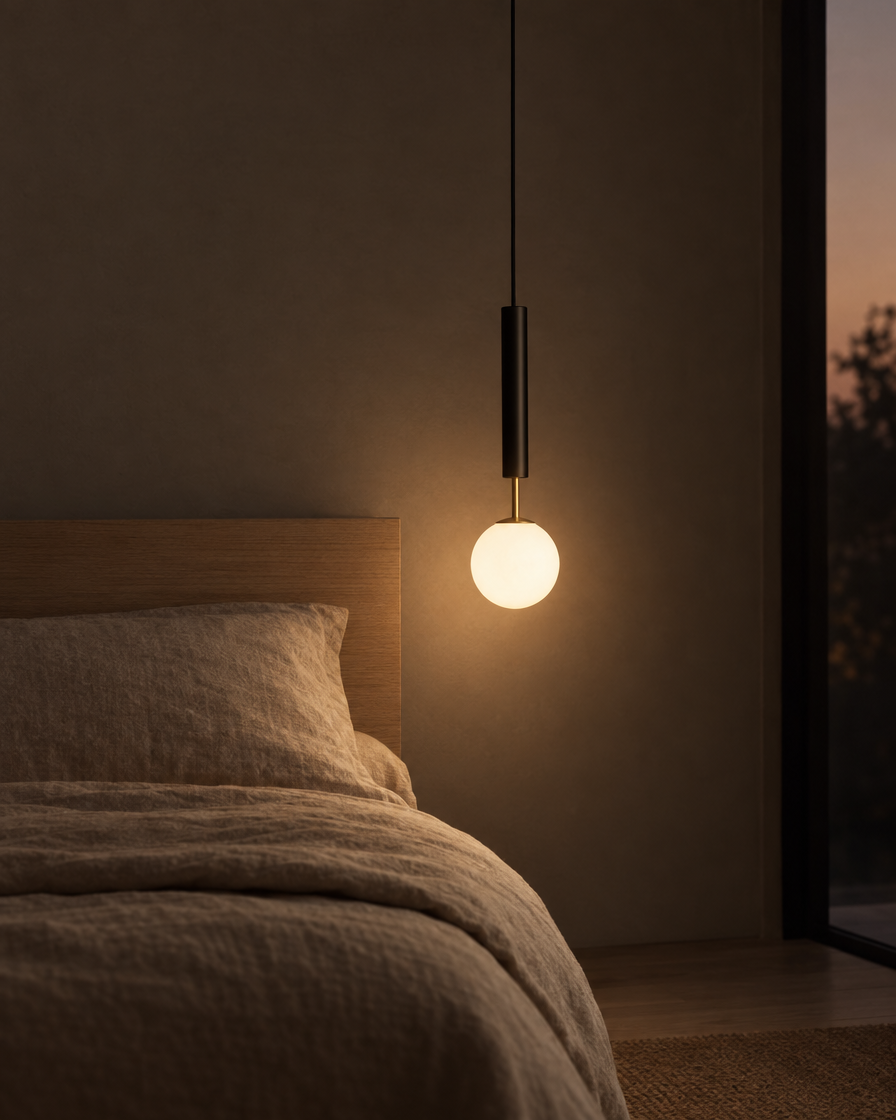 Lira matte black bedside pendant on a long drop against a dark painted bedroom wall