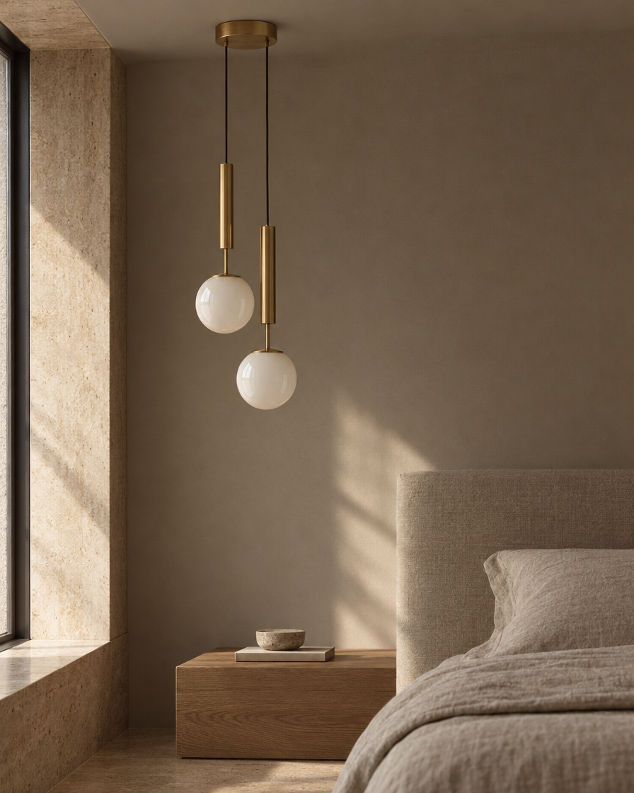 Lira Twin Bedside Pendant — Brass — daylight