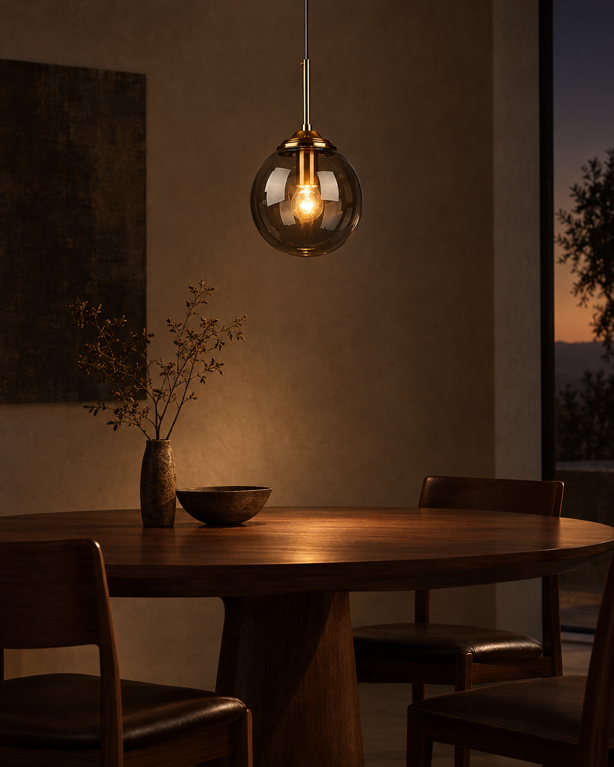 Monte small smoke glass pendant above a narrow console in a low-ceilinged room