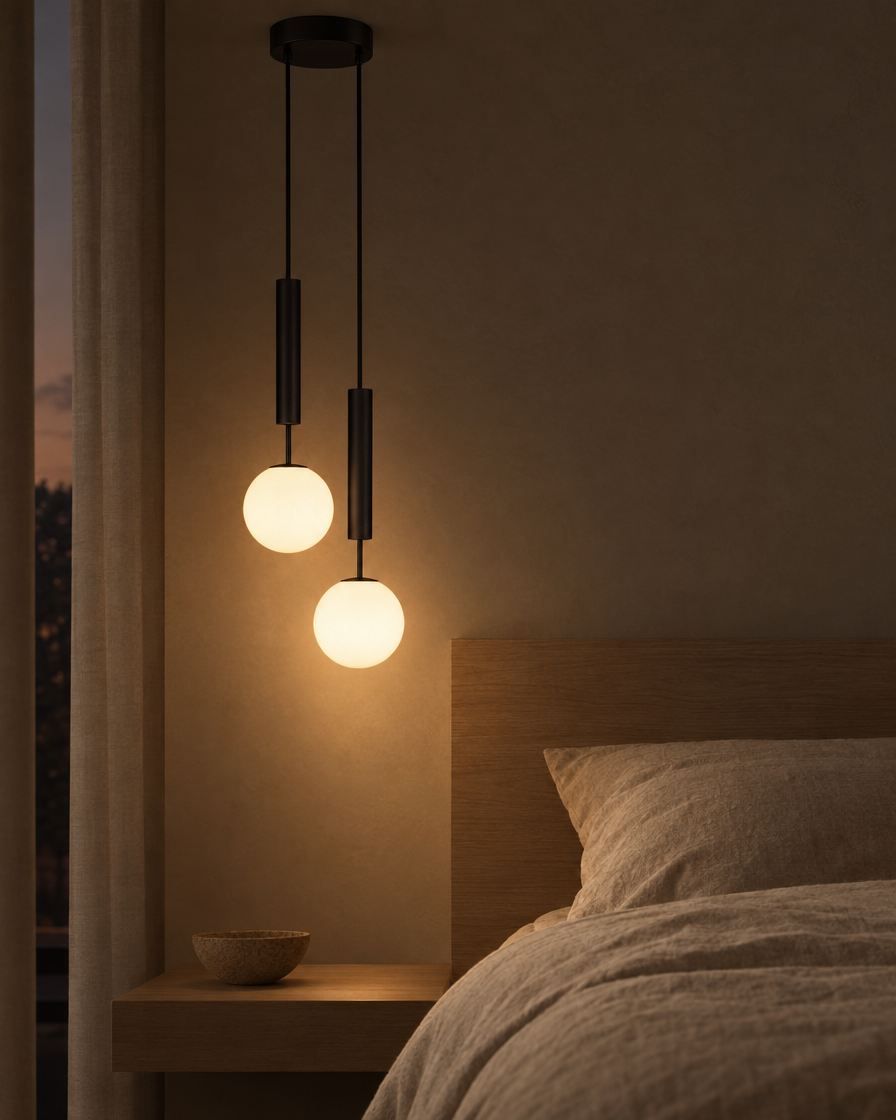 Lira twin matte black bedside pendant, two shades on one rod above a dark headboard