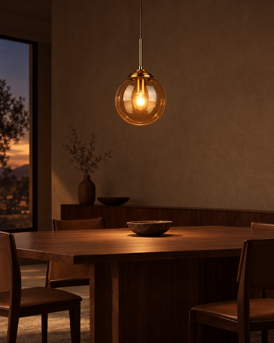 Monte small amber glass pendant hanging over a breakfast table, a honey-coloured pool below