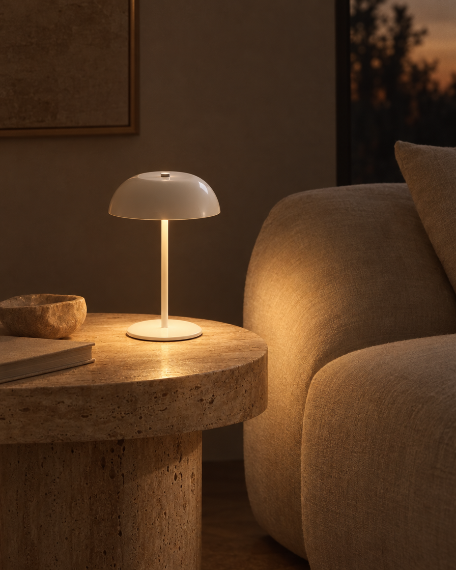 Nuvo white cordless table lamp on a laid dining table among glasses and linen
