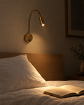 Fiume brass gooseneck reading light mounted above an upholstered headboard, beam aimed at an open book