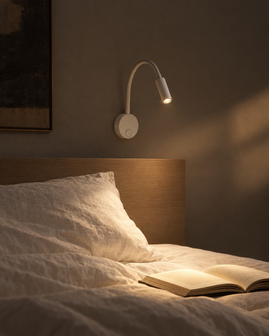 Fiume white gooseneck reading light on a pale bedroom wall above a bed