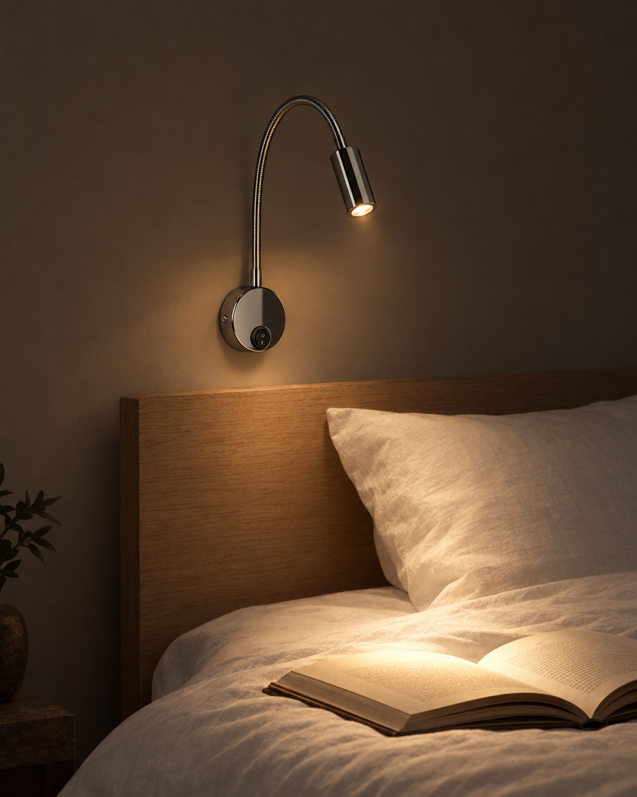 Fiume polished chrome gooseneck reading light on a spare bedroom wall