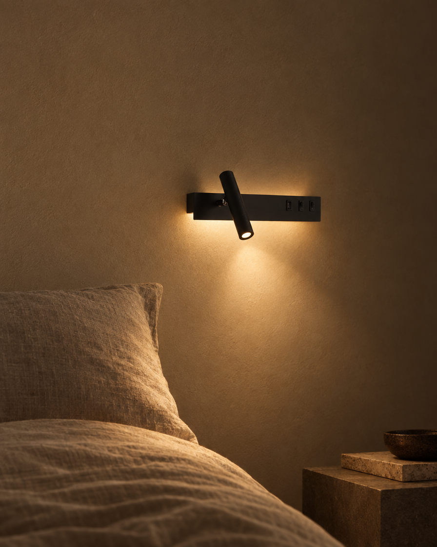 Sabbia matte black bedside wall light with reading spot and USB port against a dark headboard wall