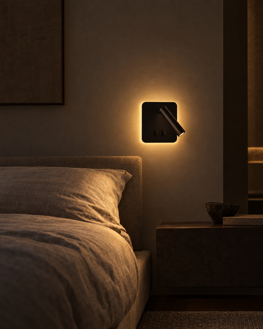 Lume rectangular matte black reading sconce casting a horizontal band of light above a wide headboard