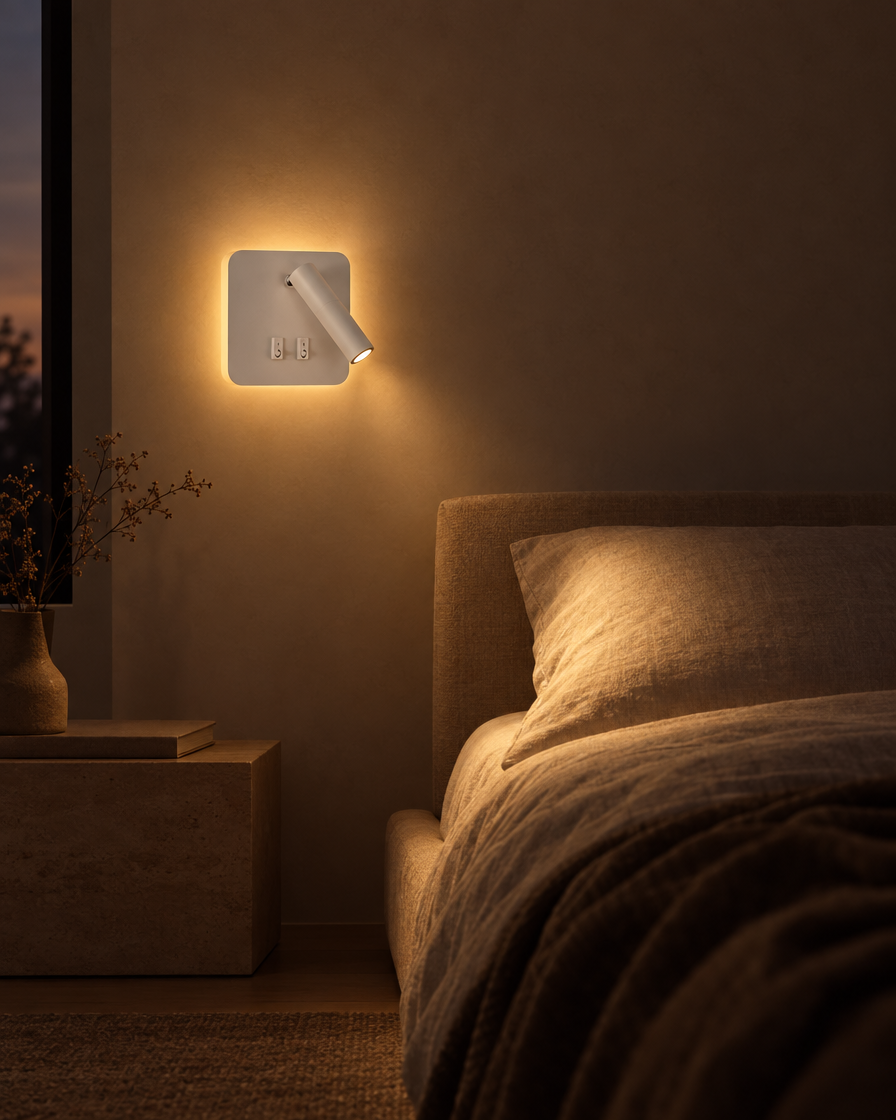 Lume square white reading sconce on flat plaster, reading as a recess rather than a fitting