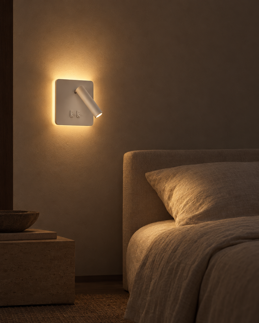 Lume rectangular white reading sconce dissolving into a pale plastered bedroom wall