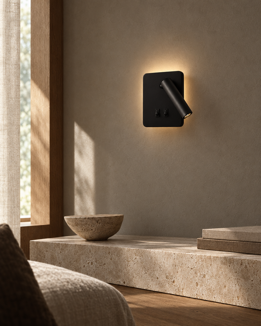 Lume Rectangular Reading Sconce — Matte black — daylight