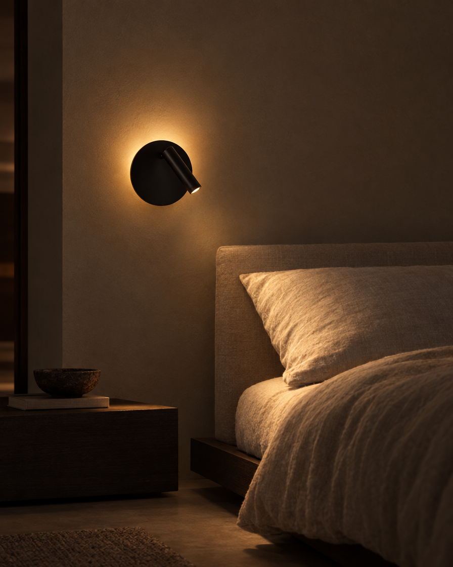 Lume round matte black reading sconce on a bedroom wall, corner-free wash of light