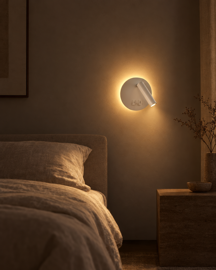 Lume round white reading sconce beside a bed, edgeless ambient light on pale plaster