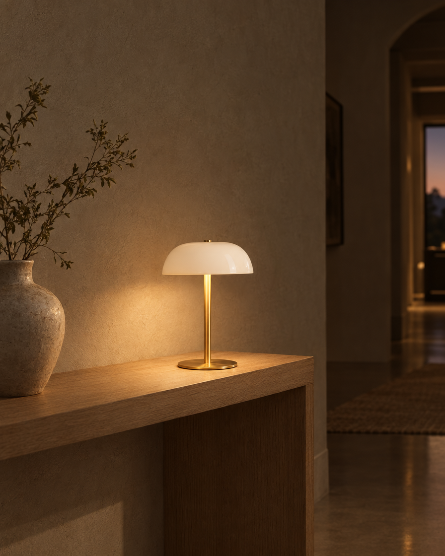 Fungo white cordless mushroom lamp among white plates and linen on a laid table