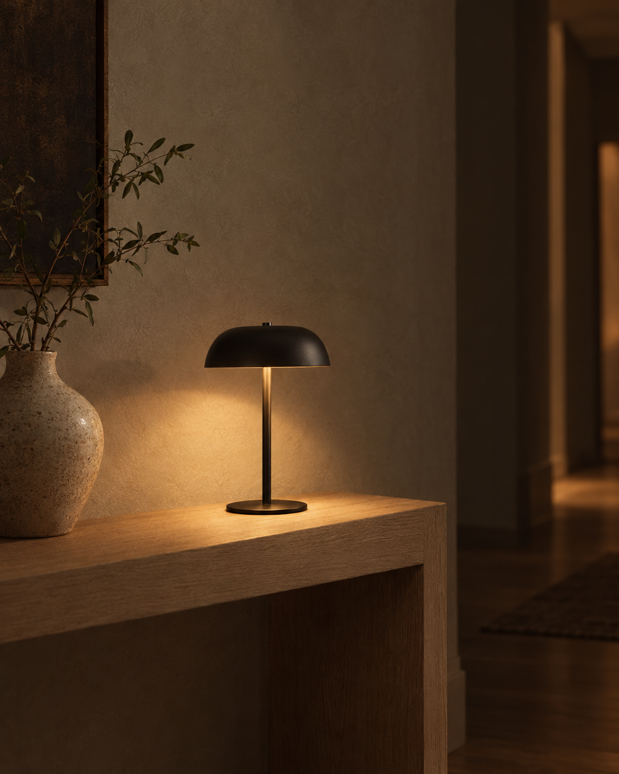 Fungo matte black cordless mushroom lamp on a dark dining table, all its light thrown downward