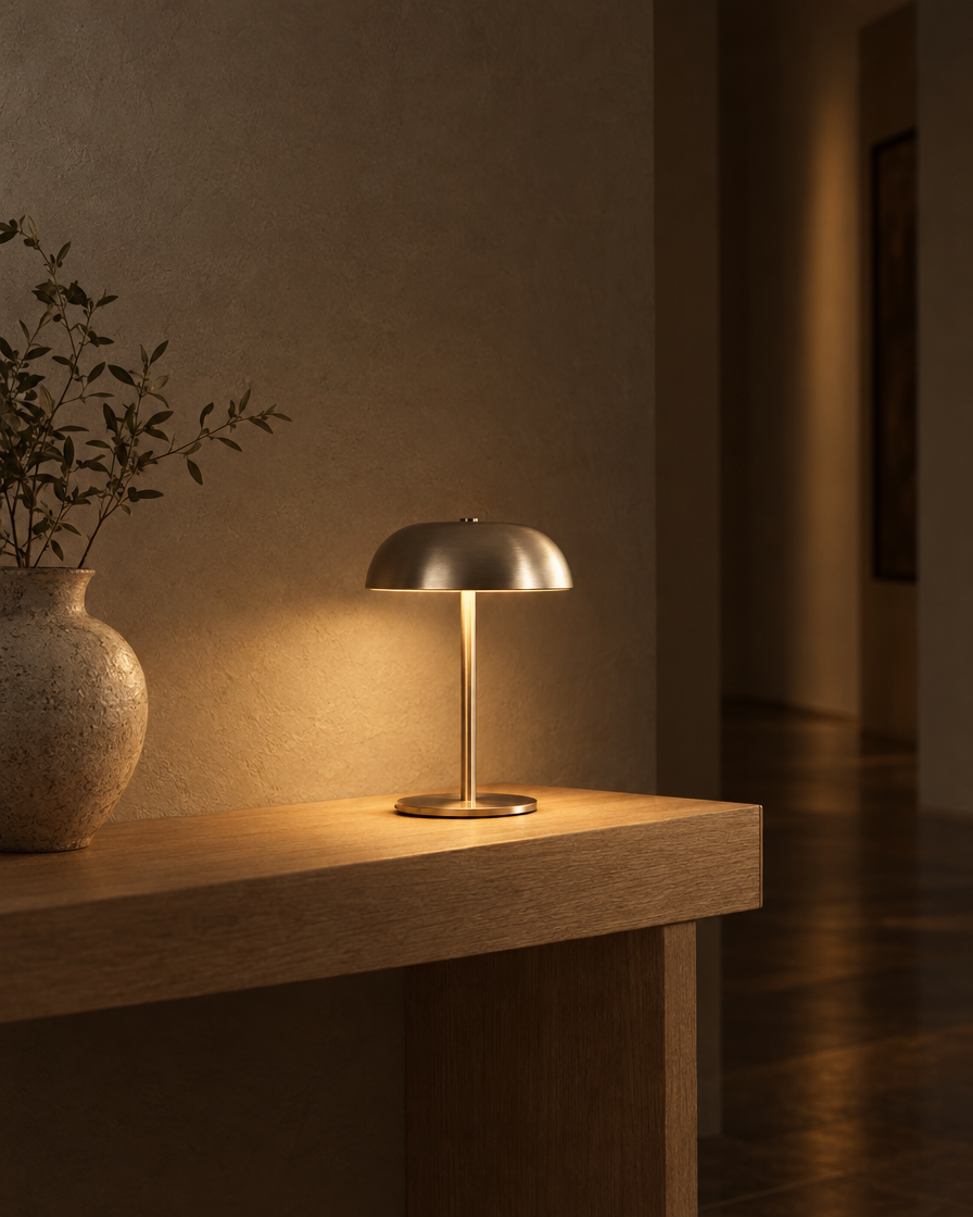 Fungo brushed steel cordless mushroom lamp on a marble kitchen counter