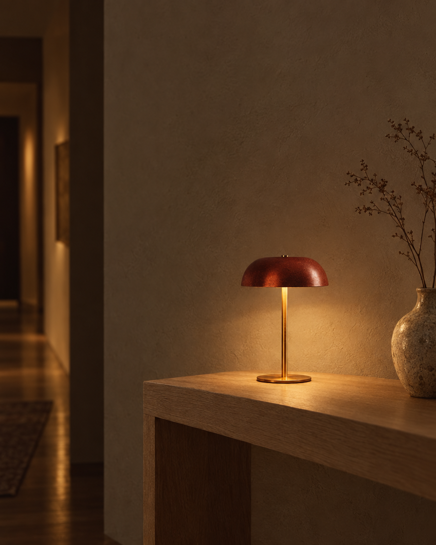 Fungo oxide red cordless mushroom lamp standing alone on a dark wood table