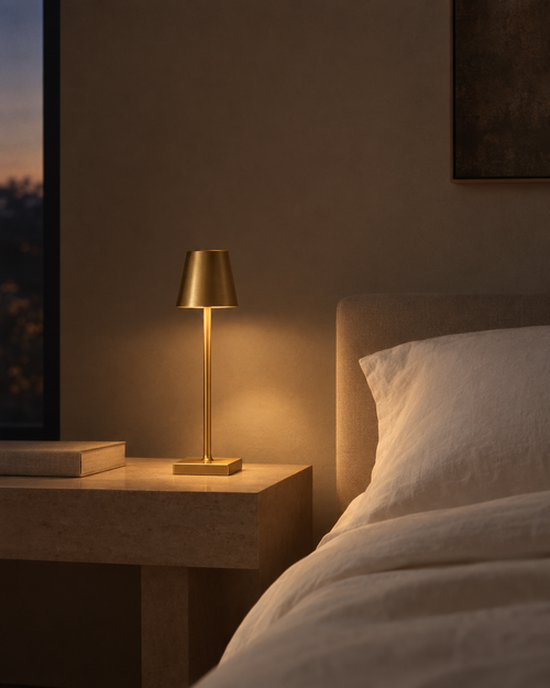 Cono small brass touch lamp on a nightstand corner beside a clock and a glass of water