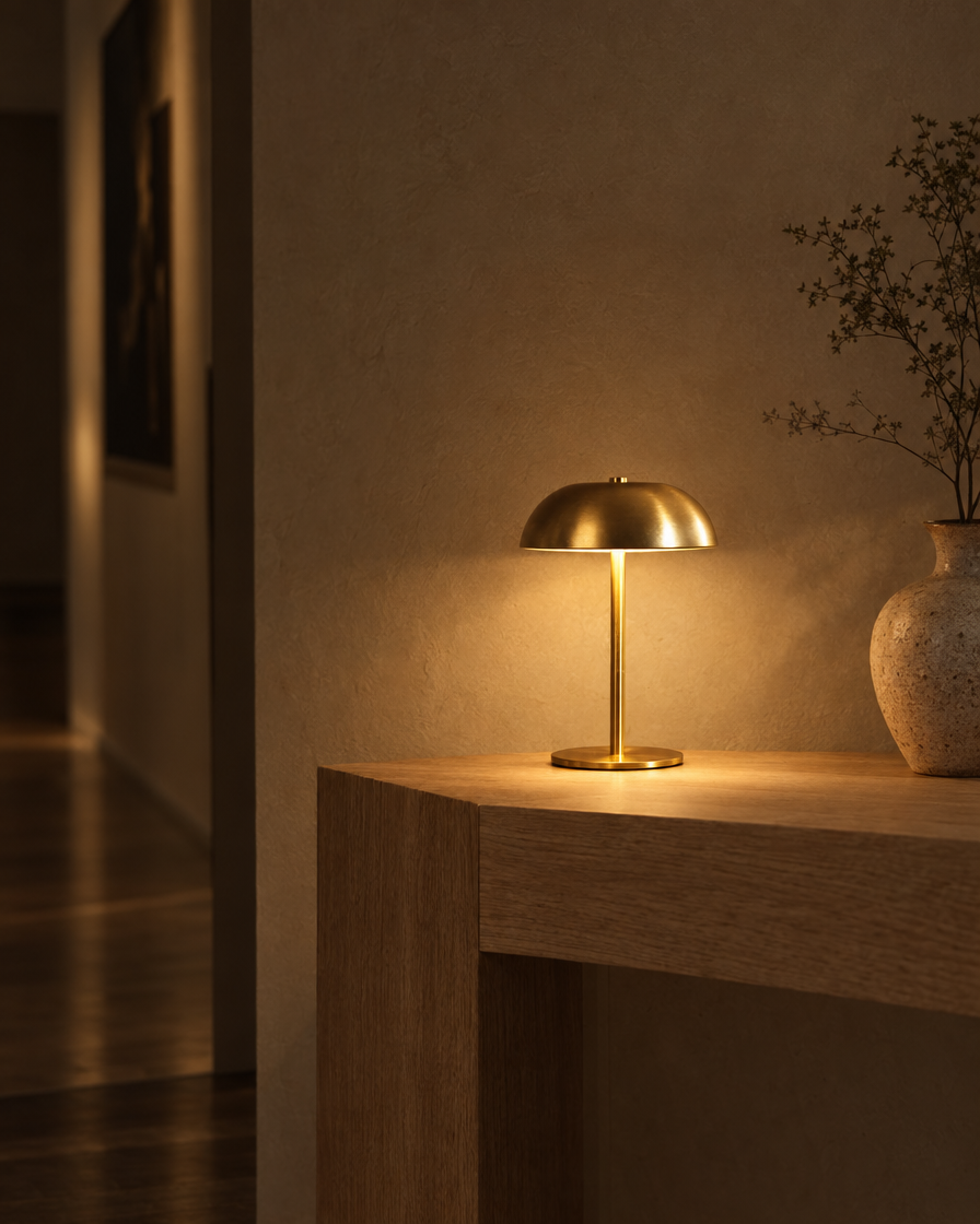 Fungo brushed brass cordless mushroom lamp on an oak table, warm light reflected off the dome