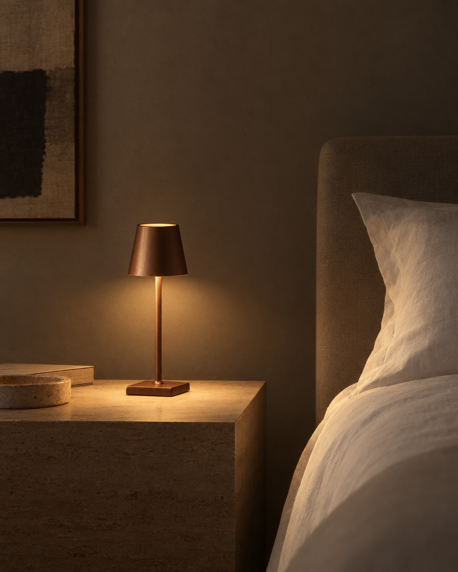 Cono small coffee brown USB touch lamp on a walnut nightstand