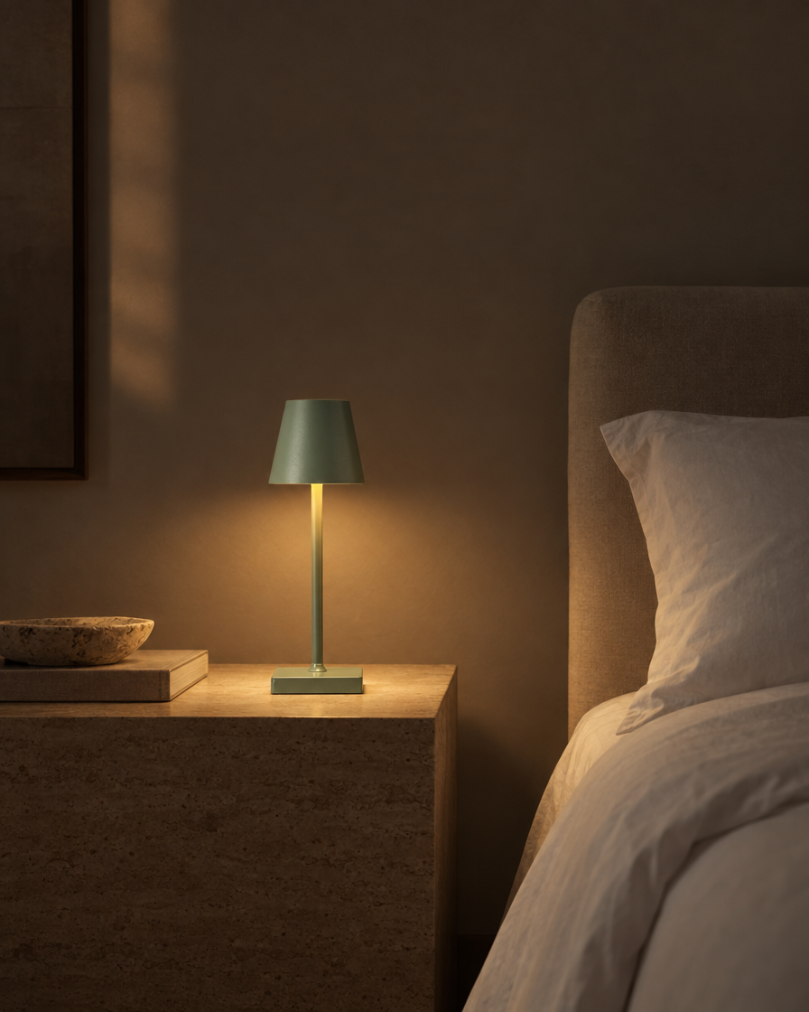 Cono small sage green USB touch lamp on a shelf of books