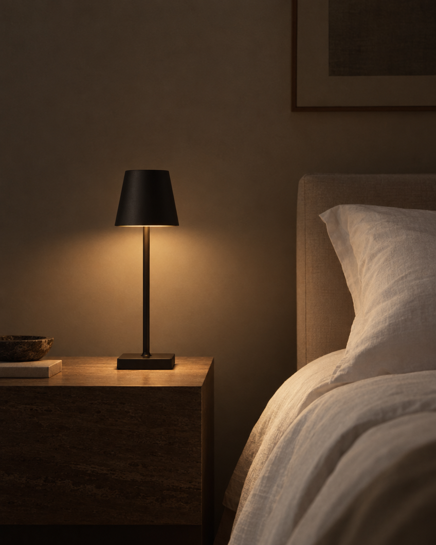 Cono small matte black USB touch lamp on a desk beside a notebook in a dark room