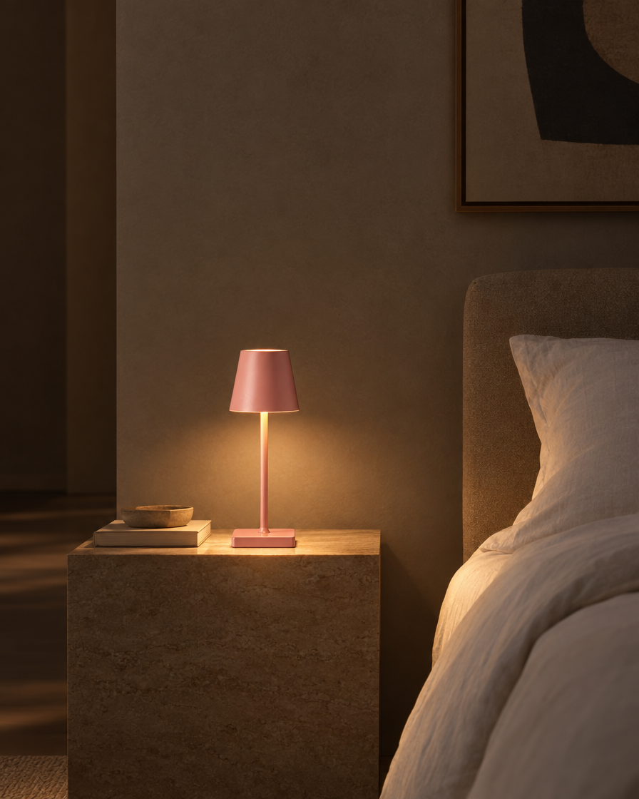 Cono small blush pink USB touch lamp on a dressing table