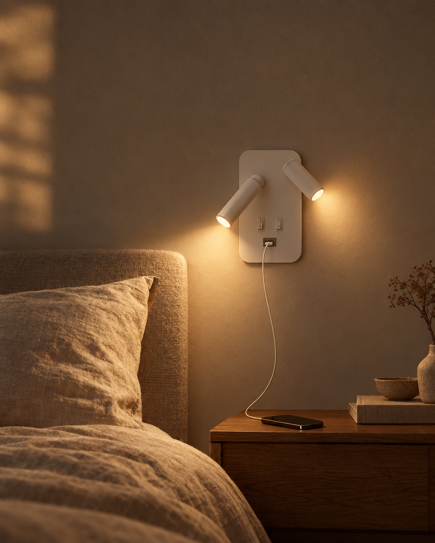 Duo white bedside wall light lighting a small guest bedroom from a single wall point