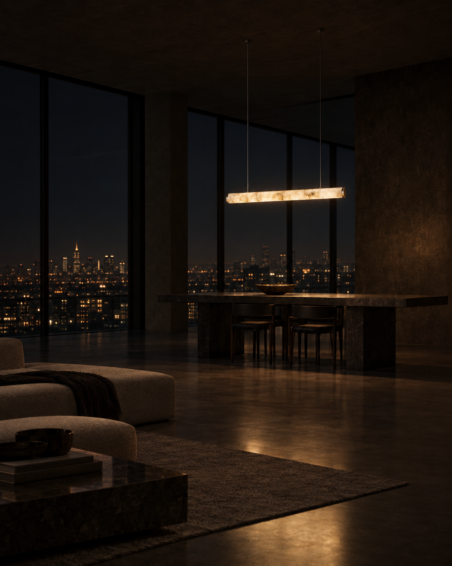 Traverso Marble Linear Pendant — Nickel — at night