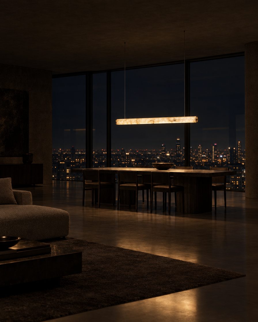 Traverso Marble Linear Pendant — Brass tone — at night