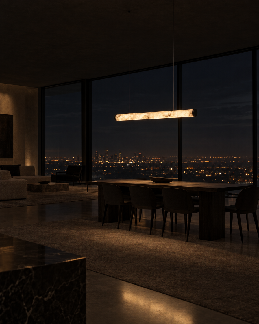 Traverso Marble Linear Pendant — Matte black — at night